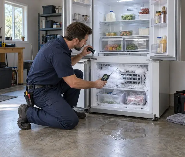 Refrigerator in a garage exposed to summer heat and winter cold