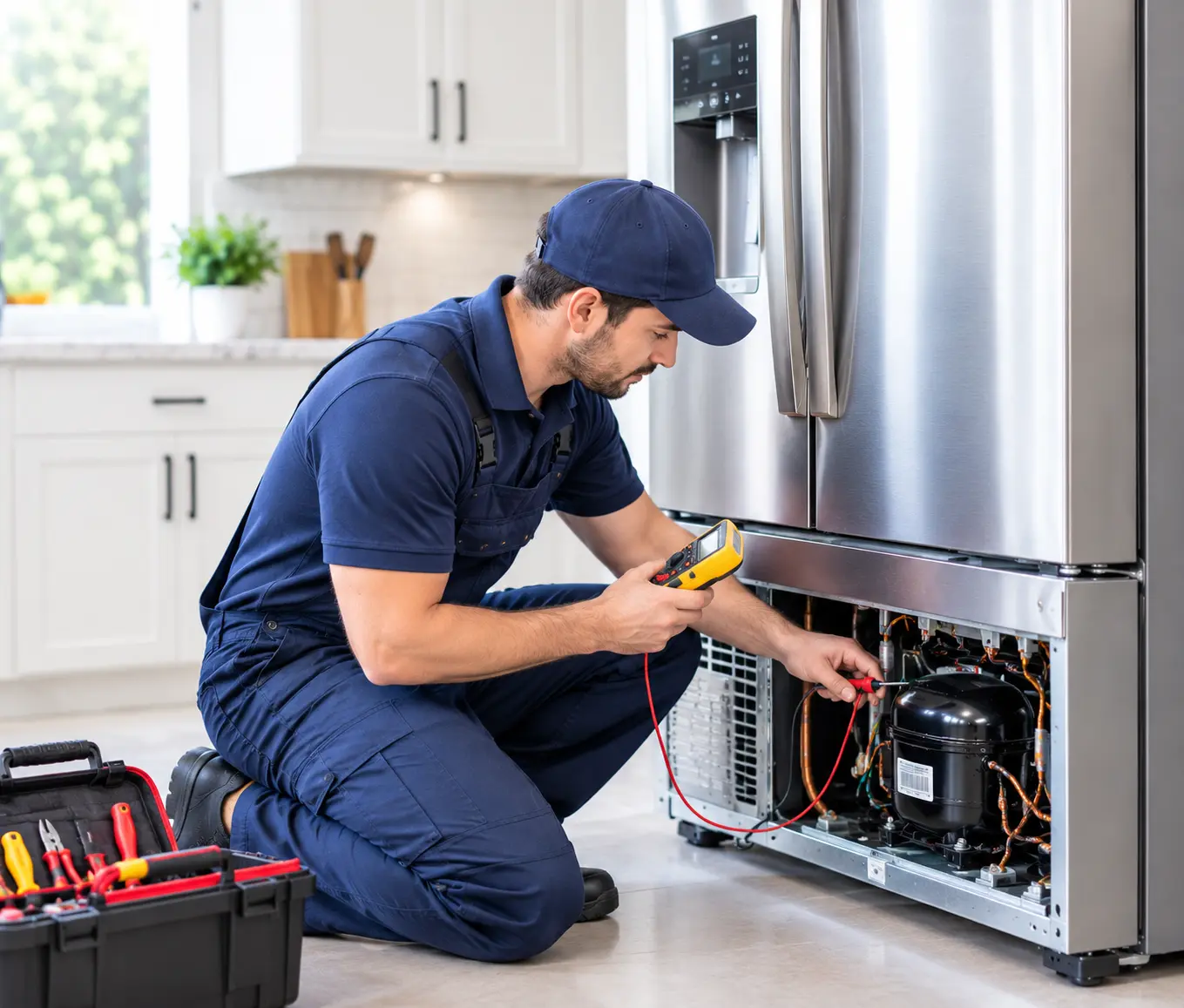 Refrigerator repair technician checking the model number label inside a refrigerator